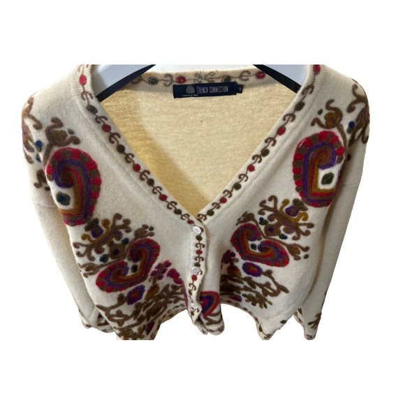 Cream Wool Cardigan / Sweater with Multicolor patterns. "French Connection" - Picture 2 of 8